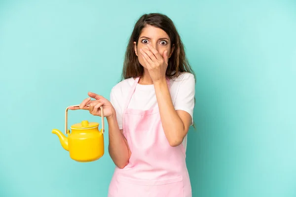 Pretty Caucasian Woman Covering Mouth Hands Shocked Housewife Teapot — Stockfoto
