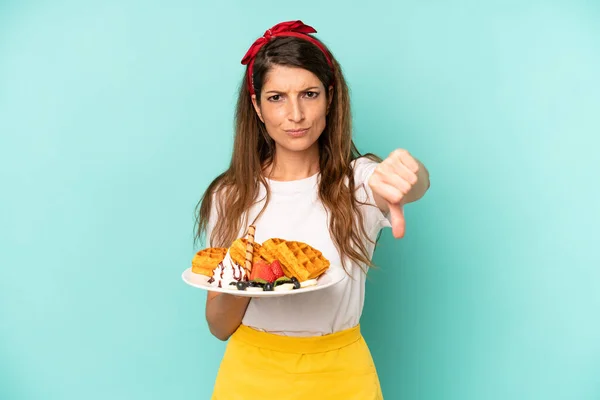 Pretty Caucasian Woman Feeling Cross Showing Thumbs Home Made Waffles — Stok fotoğraf