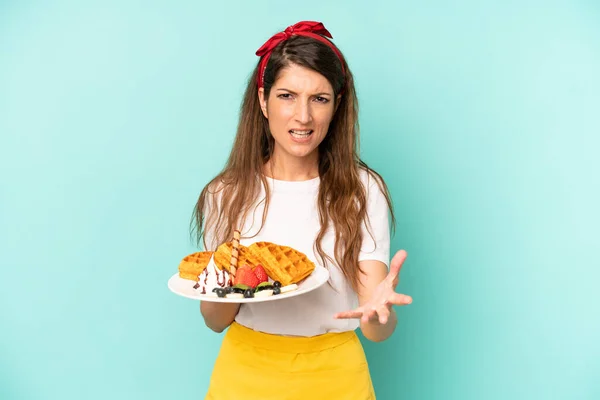 Pretty Caucasian Woman Looking Angry Annoyed Frustrated Home Made Waffles — Stok fotoğraf