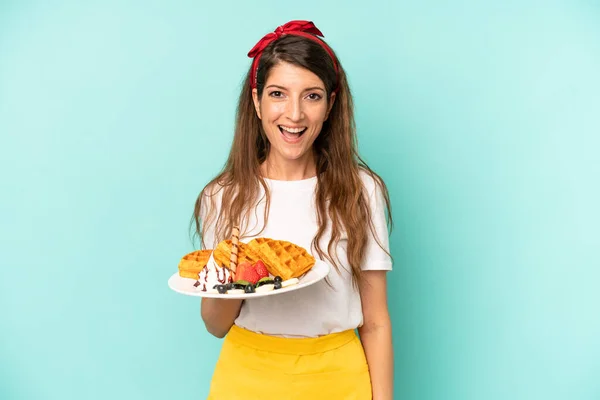 Pretty Caucasian Woman Looking Happy Pleasantly Surprised Home Made Waffles — Stockfoto