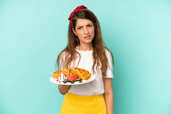 Pretty Caucasian Woman Feeling Puzzled Confused Home Made Waffles Concept — Foto de Stock