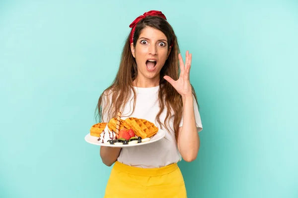 Pretty Caucasian Woman Screaming Hands Air Home Made Waffles Concept — Stockfoto