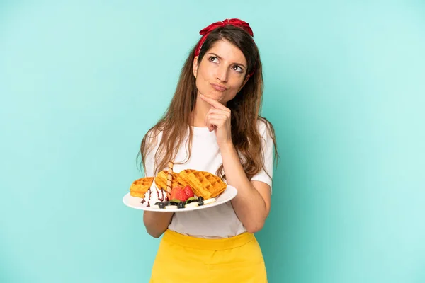 Pretty Caucasian Woman Thinking Feeling Doubtful Confused Home Made Waffles — Stock Photo, Image
