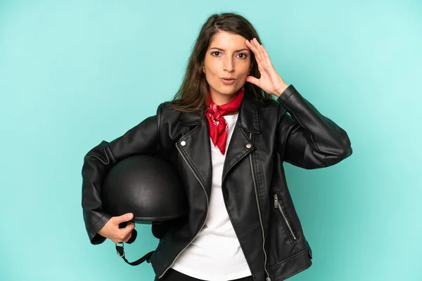 Pretty Caucasian Woman Looking Happy Astonished Surprised Motorbike Rider Helmet — Foto Stock