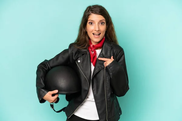 Pretty Caucasian Woman Feeling Happy Pointing Self Excited Motorbike Rider — Foto Stock