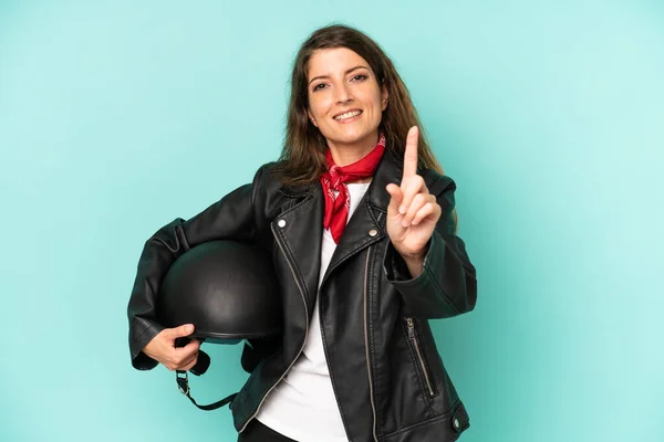 Pretty Caucasian Woman Smiling Proudly Confidently Making Number One Motorbike — Stockfoto