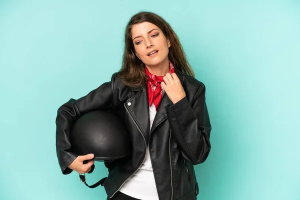 Pretty Caucasian Woman Feeling Stressed Anxious Tired Frustrated Motorbike Rider — Stok fotoğraf