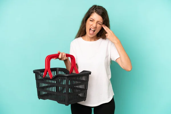 Pretty Caucasian Woman Looking Unhappy Stressed Suicide Gesture Making Gun — Photo