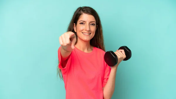 Pretty Caucasian Woman Pointing Camera Choosing You Fitness Dumbbell Concept — Foto de Stock