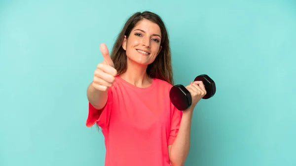 Pretty Caucasian Woman Feeling Proud Smiling Positively Thumbs Fitness Dumbbell — Foto de Stock