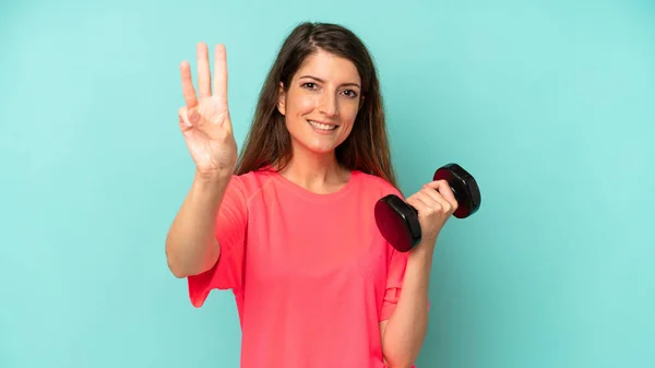 Pretty Caucasian Woman Smiling Looking Friendly Showing Number Three Fitness — Foto de Stock