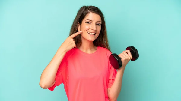 Pretty Caucasian Woman Smiling Confidently Pointing Own Broad Smile Fitness — Stock Photo, Image