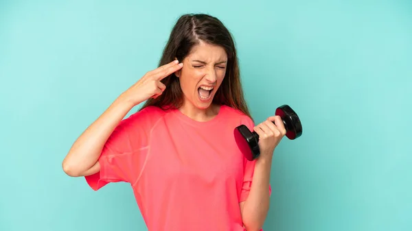 Pretty Caucasian Woman Looking Unhappy Stressed Suicide Gesture Making Gun — Photo