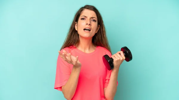 Pretty Caucasian Woman Looking Desperate Frustrated Stressed Fitness Dumbbell Concept — Photo