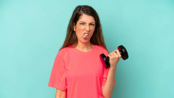 Pretty Caucasian Woman Feeling Disgusted Irritated Tongue Out Fitness Dumbbell — Photo