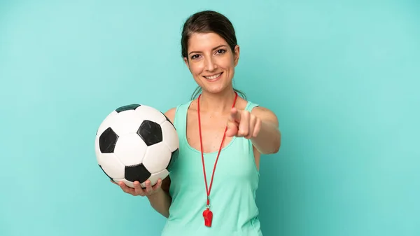 Pretty Caucasian Woman Pointing Camera Choosing You Soccer Trainer Concept — Stock Photo, Image