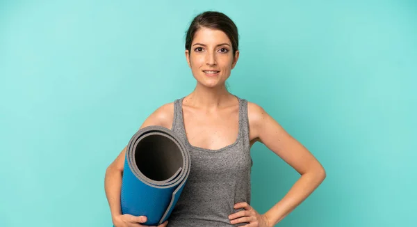 Pretty Caucasian Woman Smiling Happily Hand Hip Confident Fitness Yoga —  Fotos de Stock