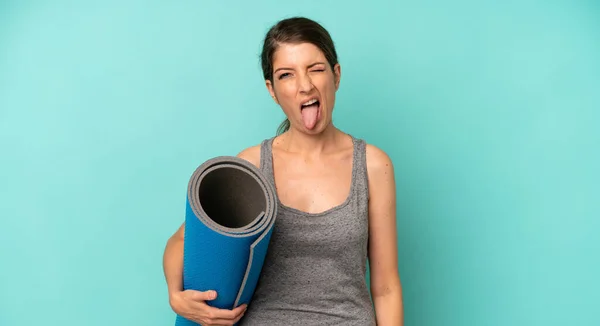 Pretty Caucasian Woman Cheerful Rebellious Attitude Joking Sticking Tongue Out — Stok fotoğraf