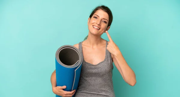 Pretty Caucasian Woman Smiling Confidently Pointing Own Broad Smile Fitness — Stockfoto