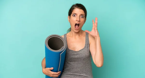 Pretty Caucasian Woman Screaming Hands Air Fitness Yoga Concept — Stockfoto