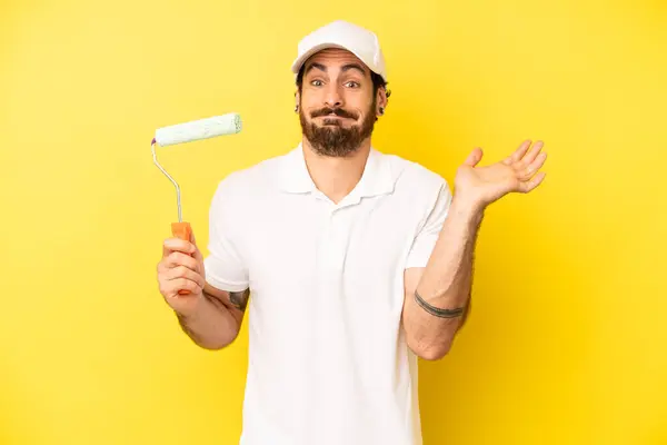 Crazy Bearded Man Feeling Puzzled Confused Doubting Painting Home Concept — Stock Photo, Image