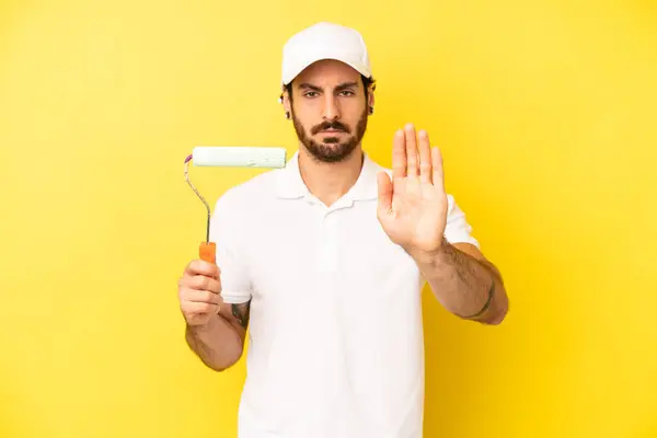 Crazy Bearded Man Looking Serious Showing Open Palm Making Stop — Stock Photo, Image