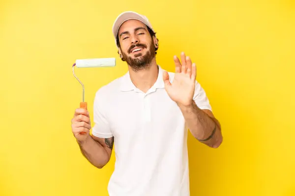 Crazy Bearded Man Smiling Happily Waving Hand Welcoming Greeting You — Stock Photo, Image