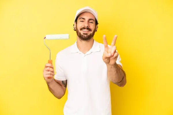 Crazy Bearded Man Smiling Looking Friendly Showing Number Two Painting — Stock Photo, Image