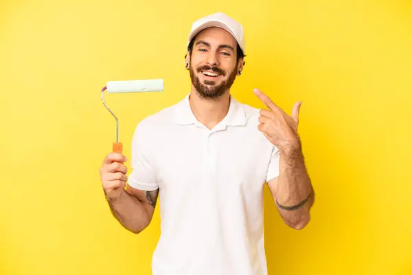 Crazy Bearded Man Smiling Confidently Pointing Own Broad Smile Painting — Stock Photo, Image