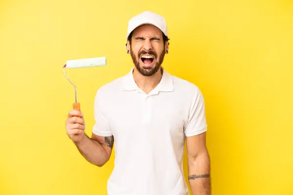 Crazy Bearded Man Shouting Aggressively Looking Very Angry Painting Home — Stock Photo, Image