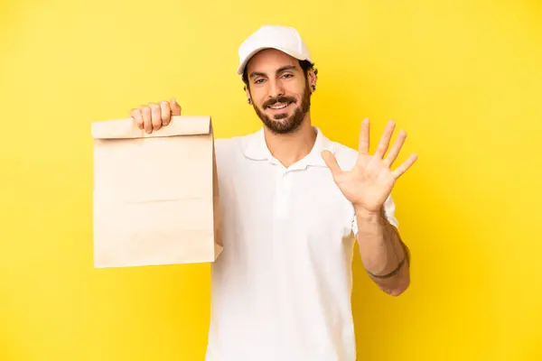 Crazy Bearded Man Smiling Looking Friendly Showing Number Five Take — Stock Photo, Image