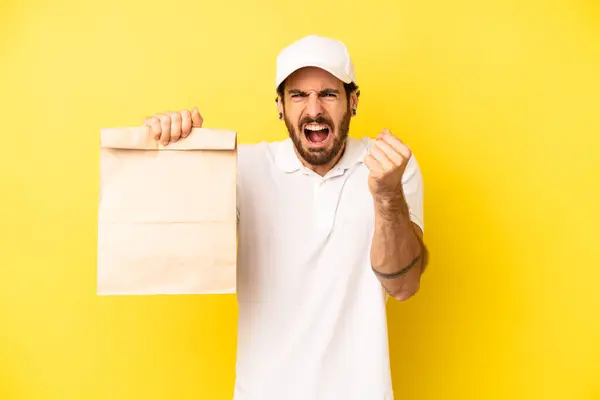 Crazy Bearded Man Shouting Aggressively Angry Expression Take Away Concept — Stock Photo, Image