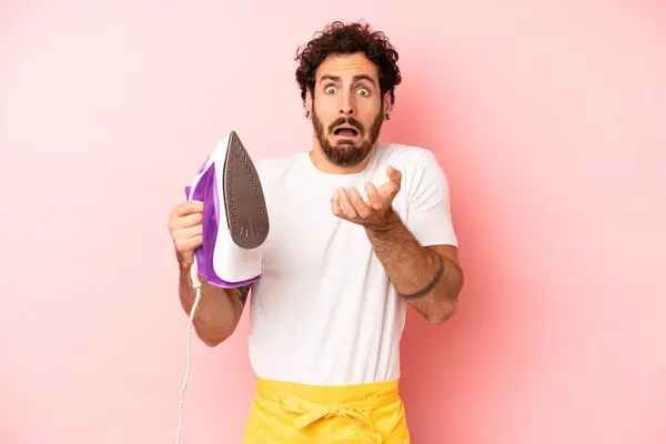 Crazy Bearded Man Looking Desperate Frustrated Stressed Housekeeper Iron Clothes — Stock Photo, Image