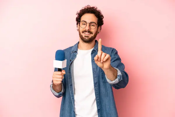 Crazy Bearded Man Smiling Looking Friendly Showing Number One Presenter — Stock Photo, Image