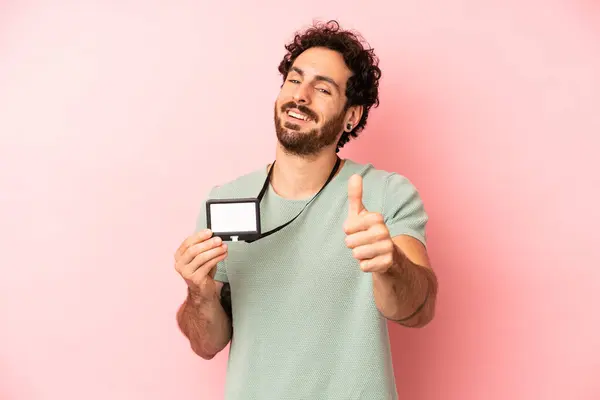 Crazy Bearded Man Feeling Proud Smiling Positively Thumbs Identification Pass — Stock Photo, Image
