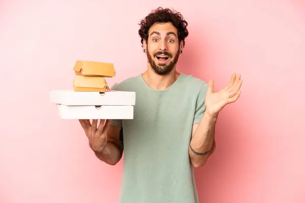 Crazy Bearded Man Feeling Happy Astonished Something Unbelievable Fast Food — Stock Photo, Image