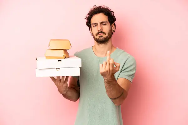 Loco Barbudo Sintiéndose Enojado Molesto Rebelde Agresivo Concepto Comida Rápida — Foto de Stock