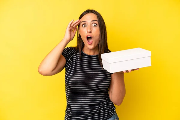 Hispanic Young Adult Woman Looking Happy Astonished Surprised White Box — Stock Photo, Image