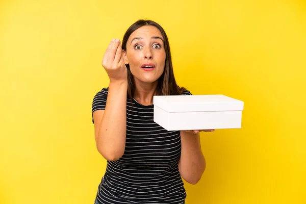 Hispanic Young Adult Woman Making Capice Money Gesture Telling You — Stock Photo, Image