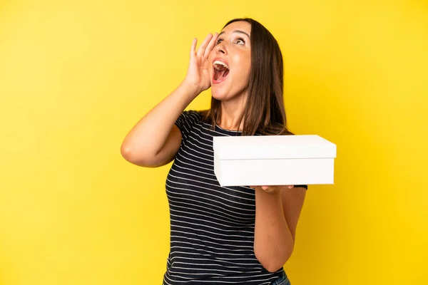 Hispanic Young Adult Woman Feeling Happy Excited Surprised White Box — Stock Photo, Image