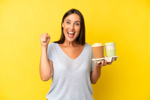 Hispanic Young Adult Woman Feeling Shocked Laughing Celebrating Success Take — Stock Photo, Image