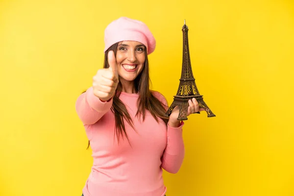 Hispanic Young Adult Woman Feeling Proud Smiling Positively Thumbs France — Stock Photo, Image