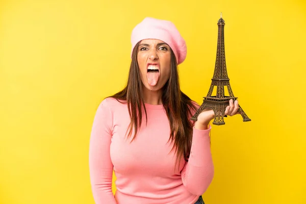 Hispanic Young Adult Woman Feeling Disgusted Irritated Tongue Out France — Stock Photo, Image
