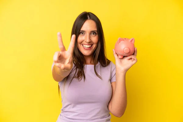 Hispanic Young Adult Woman Smiling Looking Happy Gesturing Victory Peace — Stock Photo, Image