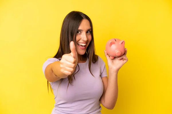 Hispanic Young Adult Woman Feeling Proud Smiling Positively Thumbs Piggy — Stock Photo, Image