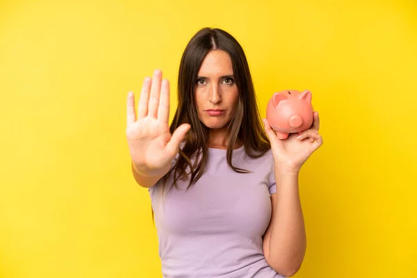 Hispanic Young Adult Woman Looking Serious Showing Open Palm Making — Stock Photo, Image