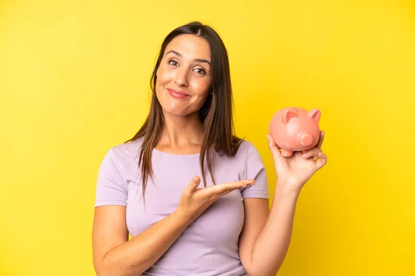 Hispanic Young Adult Woman Smiling Cheerfully Feeling Happy Showing Concept — Stock Photo, Image