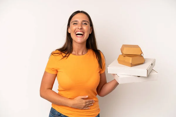Hispánská Mladá Dospělá Žena Hlasitě Zasmála Nějakému Vtipu Fast Food — Stock fotografie
