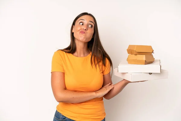 Hispanic Young Adult Woman Shrugging Feeling Confused Uncertain Fast Food — Stock Photo, Image