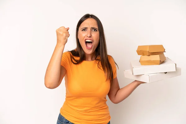 Hispanic Young Adult Woman Shouting Aggressively Angry Expression Fast Food — Stock Photo, Image
